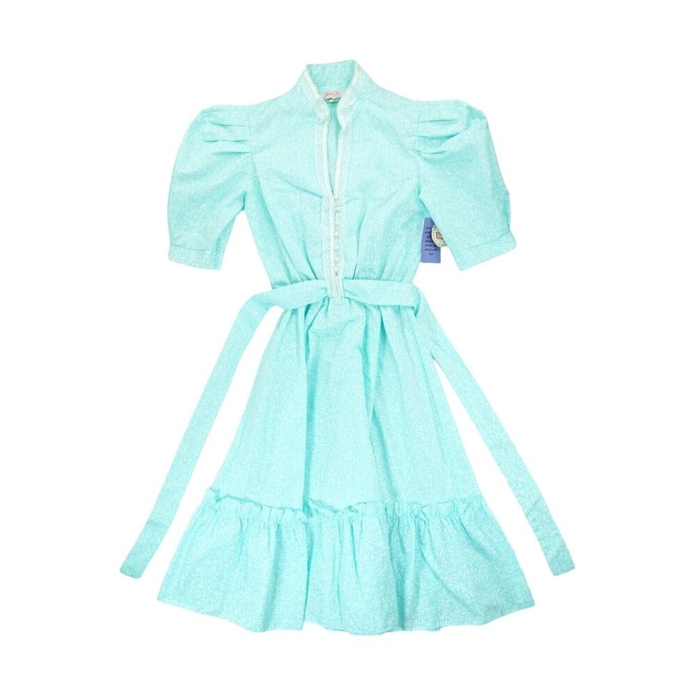 NWT Vintage 1970's Jerri Jee New York Metallic Aqua Midi Dress Floral Ruffle